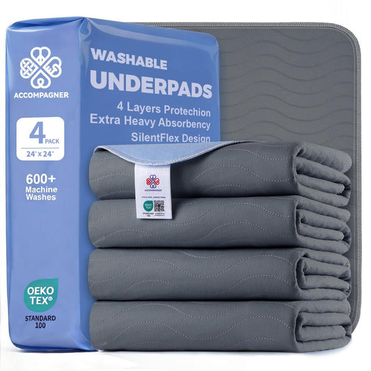 Accompagner Inkontinenz-Bettauflagen Waschbar Wasserdicht, Saugstarke wiederverwendbare Unterlagen für Windelwechsel, Pflege, Bettlägerige, Erwachsene, Senioren, Kinder und Hunde (Dunkelgrau, 24"x24" (4er-Pack))