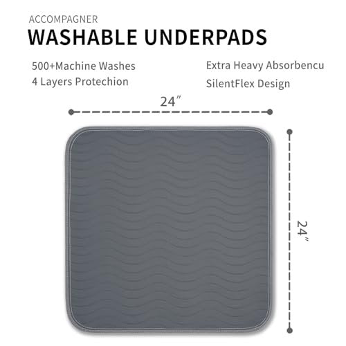 Accompagner Inkontinenz-Bettauflagen Waschbar Wasserdicht, Saugstarke wiederverwendbare Unterlagen für Windelwechsel, Pflege, Bettlägerige, Erwachsene, Senioren, Kinder und Hunde (Dunkelgrau, 24"x24" (4er-Pack))