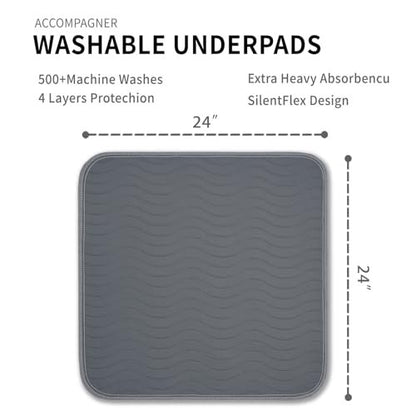 Accompagner Inkontinenz-Bettauflagen Waschbar Wasserdicht, Saugstarke wiederverwendbare Unterlagen für Windelwechsel, Pflege, Bettlägerige, Erwachsene, Senioren, Kinder und Hunde (Dunkelgrau, 24"x24" (4er-Pack))