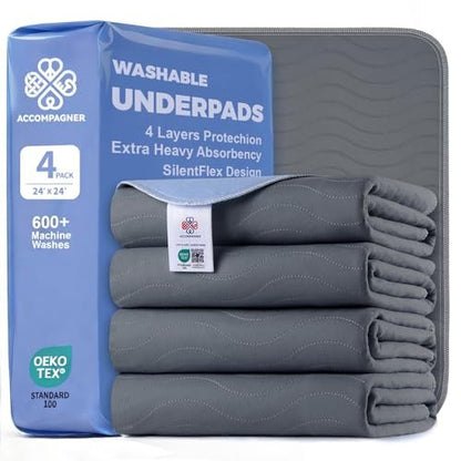 Accompagner Inkontinenz-Bettauflagen Waschbar Wasserdicht, Saugstarke wiederverwendbare Unterlagen für Windelwechsel, Pflege, Bettlägerige, Erwachsene, Senioren, Kinder und Hunde (Dunkelgrau, 24"x24" (4er-Pack))