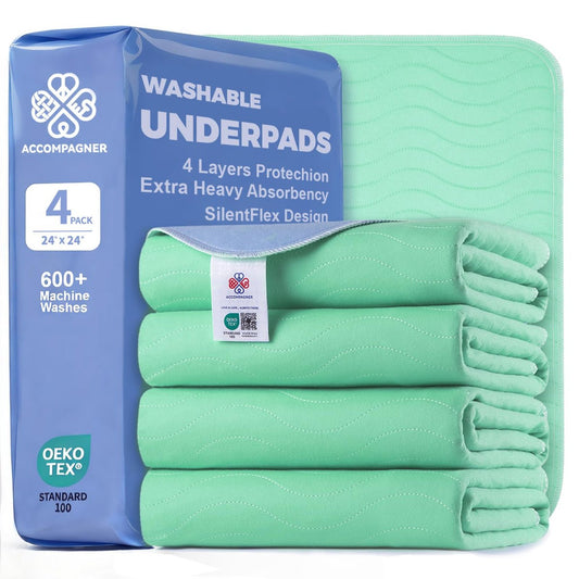 Accompagner Inkontinenz-Bettauflagen Waschbar Wasserdicht, Saugstarke Wiederverwendbare Unterlagen für Windelwechsel, Pflege, Bettlägerige, Erwachsene, Senioren, Kinder und Hunde (Grün, 24"x24", 4er-Pack)