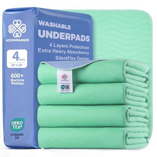 Accompagner Inkontinenz-Bettauflagen Waschbar Wasserdicht, Saugstarke Wiederverwendbare Unterlagen für Windelwechsel, Pflege, Bettlägerige, Erwachsene, Senioren, Kinder und Hunde (Grün, 24"x24", 4er-Pack)