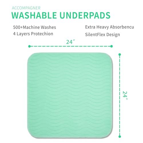 Accompagner Inkontinenz-Bettauflagen Waschbar Wasserdicht, Saugstarke Wiederverwendbare Unterlagen für Windelwechsel, Pflege, Bettlägerige, Erwachsene, Senioren, Kinder und Hunde (Grün, 24"x24", 4er-Pack)