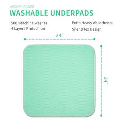 Accompagner Inkontinenz-Bettauflagen Waschbar Wasserdicht, Saugstarke Wiederverwendbare Unterlagen für Windelwechsel, Pflege, Bettlägerige, Erwachsene, Senioren, Kinder und Hunde (Grün, 24"x24", 4er-Pack)
