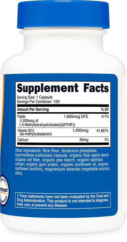 Nutricost Methylierte Vitamin B12 + Folat Kapseln (2000 mcg) - 120 Kapseln, 1000 mcg B12 + 1000 mcg Methylfolat, Glutenfrei, 60 Portionen