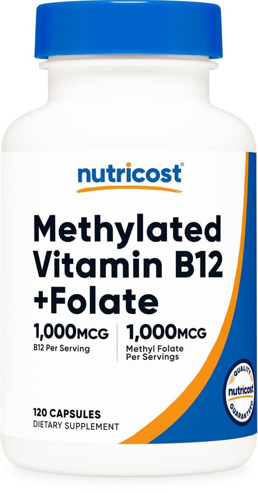 Nutricost Methylierte Vitamin B12 + Folat Kapseln (2000 mcg) - 120 Kapseln, 1000 mcg B12 + 1000 mcg Methylfolat, Glutenfrei, 60 Portionen
