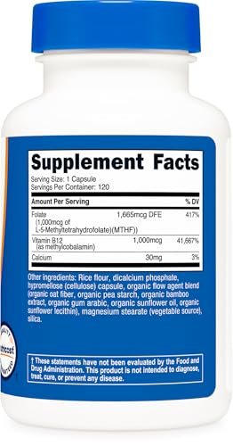 Nutricost Methylierte Vitamin B12 + Folat Kapseln (2000 mcg) - 120 Kapseln, 1000 mcg B12 + 1000 mcg Methylfolat, Glutenfrei, 60 Portionen