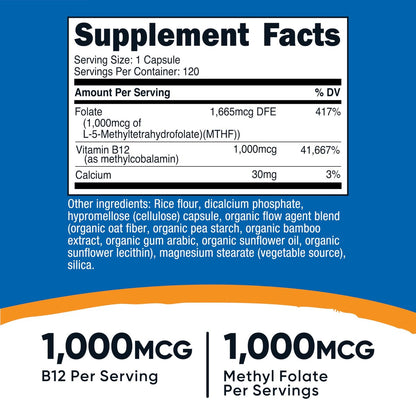 Nutricost Methylierte Vitamin B12 + Folat Kapseln (2000 mcg) - 120 Kapseln, 1000 mcg B12 + 1000 mcg Methylfolat, Glutenfrei, 60 Portionen