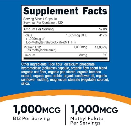 Nutricost Methylierte Vitamin B12 + Folat Kapseln (2000 mcg) - 120 Kapseln, 1000 mcg B12 + 1000 mcg Methylfolat, Glutenfrei, 60 Portionen