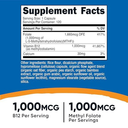 Nutricost Methylierte Vitamin B12 + Folat Kapseln (2000 mcg) - 120 Kapseln, 1000 mcg B12 + 1000 mcg Methylfolat, Glutenfrei, 60 Portionen