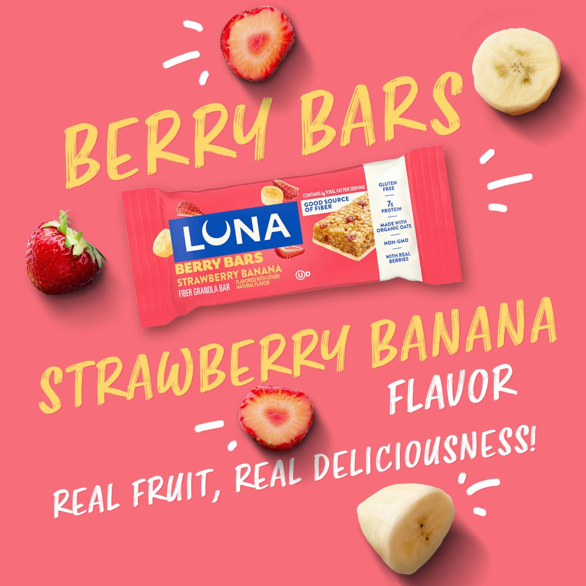 LUNA Berry Bars – Erdbeer-Bananen-Geschmack – Ballaststoffreiche Müsliriegel – Nicht-GVO – Glutenfreie Proteinriegel – Mit Bio-Hafer (6er-Pack)