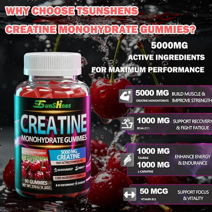 tsunshnes Creatin-Monohydrat Gummis 5g (5000mg) – Zuckerfreies Creatin, Pre-Workout-Energie, vegan, ohne Gentechnik, für Männer & Frauen – 90 Stück Kirsche-Geschmack