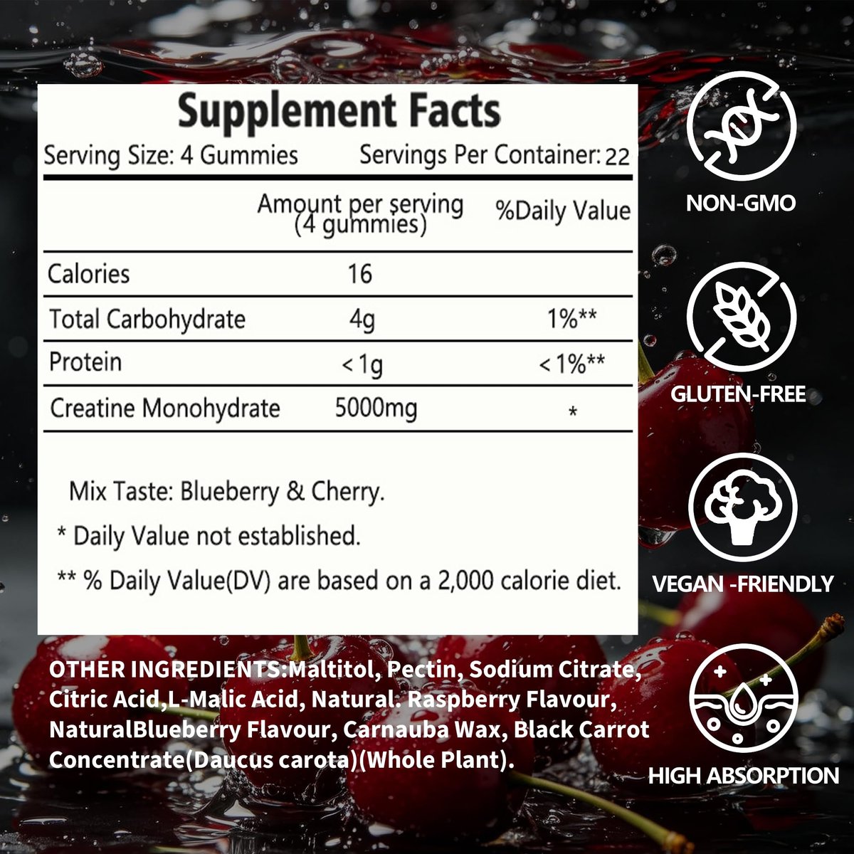 tsunshnes Creatin-Monohydrat Gummis 5g (5000mg) – Zuckerfreies Creatin, Pre-Workout-Energie, vegan, ohne Gentechnik, für Männer & Frauen – 90 Stück Kirsche-Geschmack