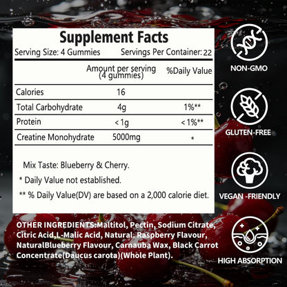 tsunshnes Creatin-Monohydrat Gummis 5g (5000mg) – Zuckerfreies Creatin, Pre-Workout-Energie, vegan, ohne Gentechnik, für Männer & Frauen – 90 Stück Kirsche-Geschmack
