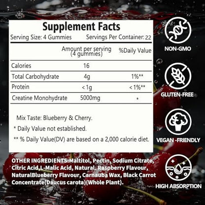 tsunshnes Creatin-Monohydrat Gummis 5g (5000mg) – Zuckerfreies Creatin, Pre-Workout-Energie, vegan, ohne Gentechnik, für Männer & Frauen – 90 Stück Kirsche-Geschmack