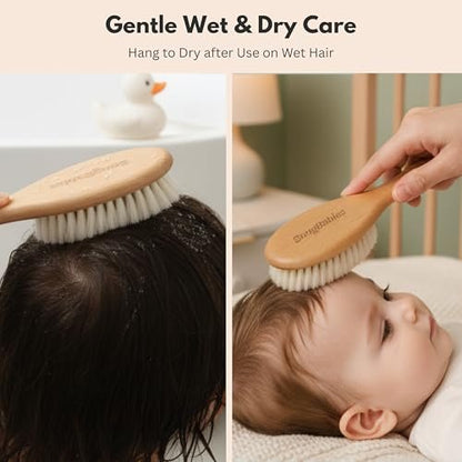 Baby Haarbürsten- und Kamm-Set für Neugeborene – Sanfte Ziegenhaar- und Bambusborstenbürsten mit Holzgriffen – 5-teiliges Babybürstenset mit Baumwoll-Reisetasche – Geschenke für Jungen und Mädchen