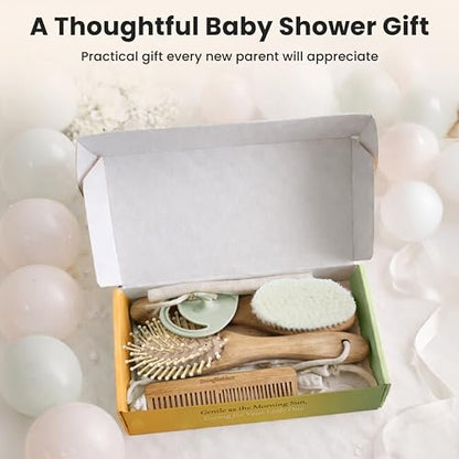Baby Haarbürsten- und Kamm-Set für Neugeborene – Sanfte Ziegenhaar- und Bambusborstenbürsten mit Holzgriffen – 5-teiliges Babybürstenset mit Baumwoll-Reisetasche – Geschenke für Jungen und Mädchen