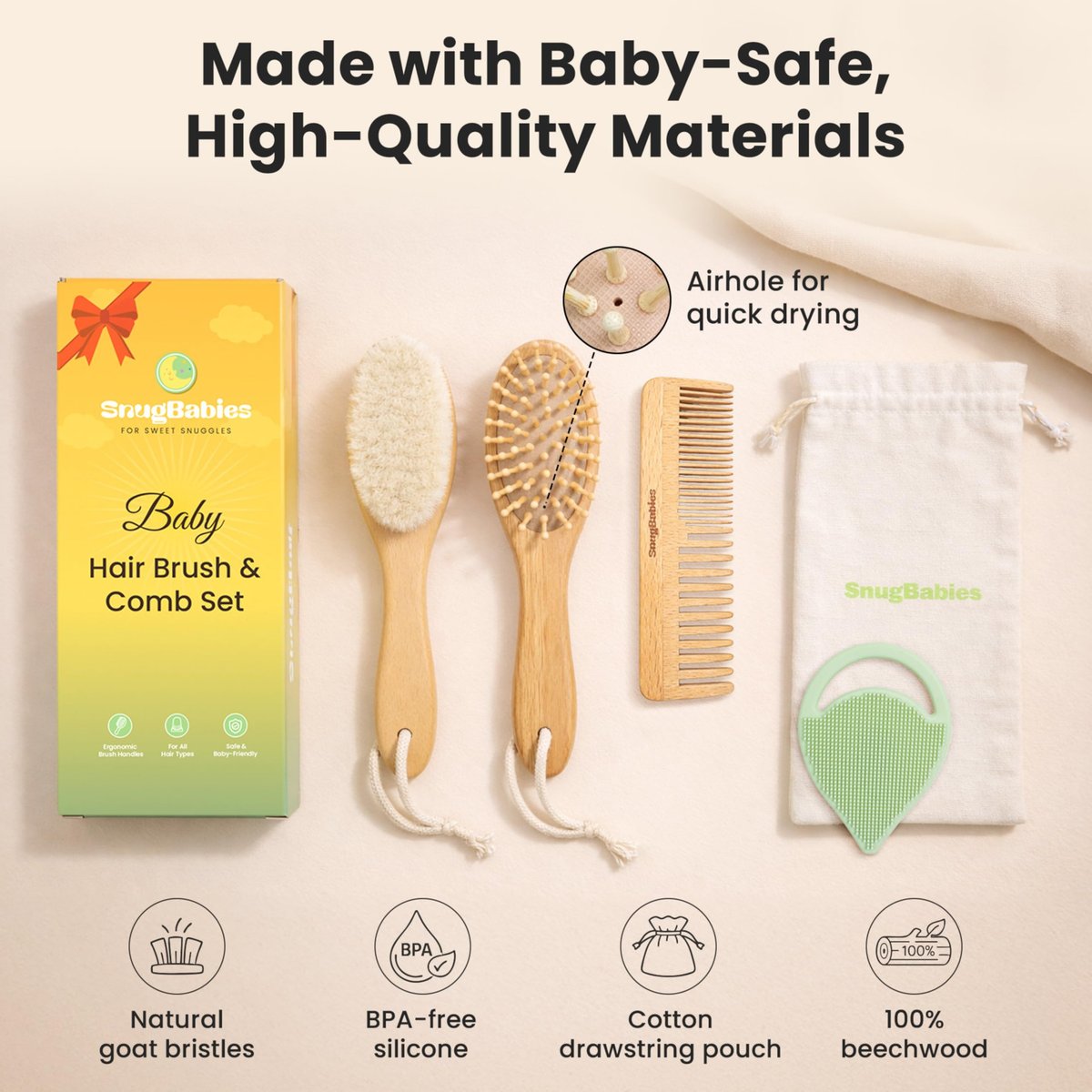 Baby Haarbürsten- und Kamm-Set für Neugeborene – Sanfte Ziegenhaar- und Bambusborstenbürsten mit Holzgriffen – 5-teiliges Babybürstenset mit Baumwoll-Reisetasche – Geschenke für Jungen und Mädchen