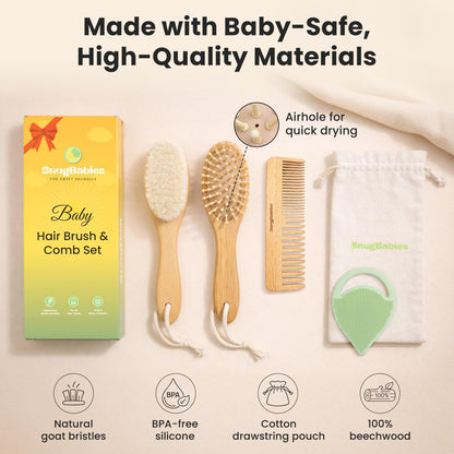 Baby Haarbürsten- und Kamm-Set für Neugeborene – Sanfte Ziegenhaar- und Bambusborstenbürsten mit Holzgriffen – 5-teiliges Babybürstenset mit Baumwoll-Reisetasche – Geschenke für Jungen und Mädchen