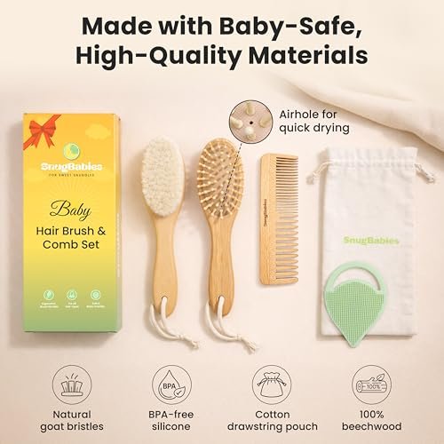 Baby Haarbürsten- und Kamm-Set für Neugeborene – Sanfte Ziegenhaar- und Bambusborstenbürsten mit Holzgriffen – 5-teiliges Babybürstenset mit Baumwoll-Reisetasche – Geschenke für Jungen und Mädchen
