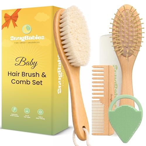 Baby Haarbürsten- und Kamm-Set für Neugeborene – Sanfte Ziegenhaar- und Bambusborstenbürsten mit Holzgriffen – 5-teiliges Babybürstenset mit Baumwoll-Reisetasche – Geschenke für Jungen und Mädchen