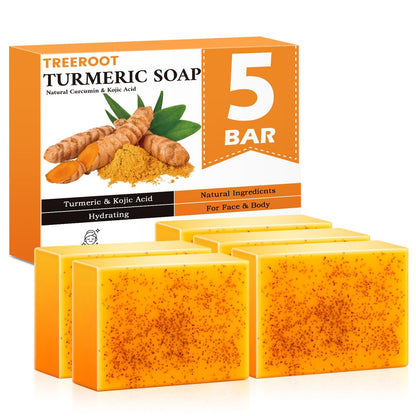 Treeroot 5er-Pack Kurkuma-Seife, 80g Kojiksäure und Kurkuma-Seifenriegel, sanfte Gesichtsreinigung, mit Retinol, Kollagen, Vitamin C, Sheabutter, für Gesicht und Körper, SLS-frei