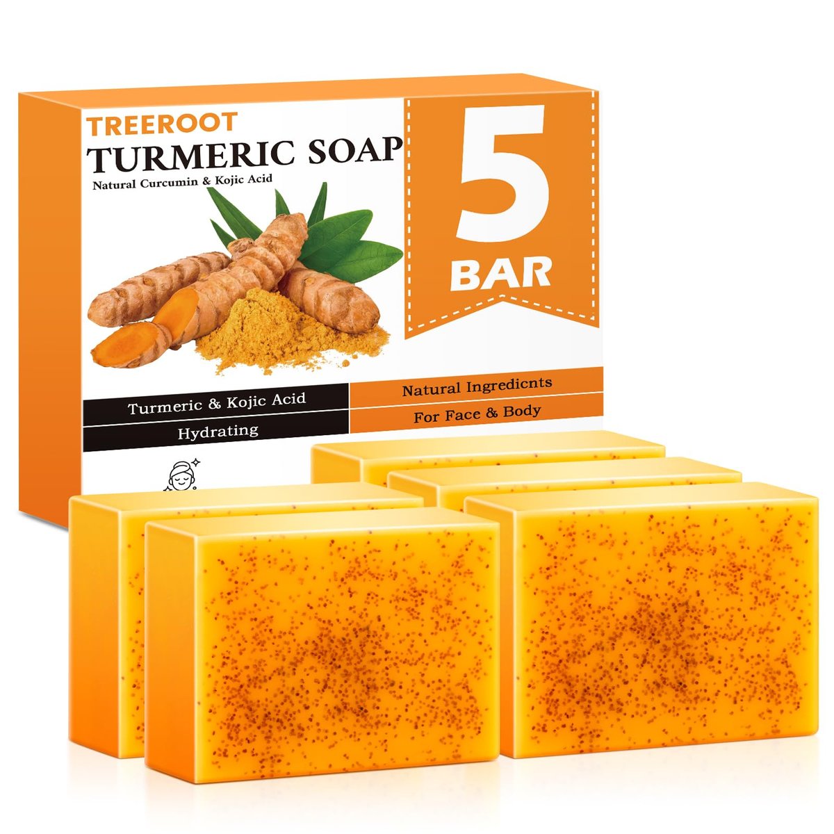 Treeroot 5er-Pack Kurkuma-Seife, 80g Kojiksäure und Kurkuma-Seifenriegel, sanfte Gesichtsreinigung, mit Retinol, Kollagen, Vitamin C, Sheabutter, für Gesicht und Körper, SLS-frei