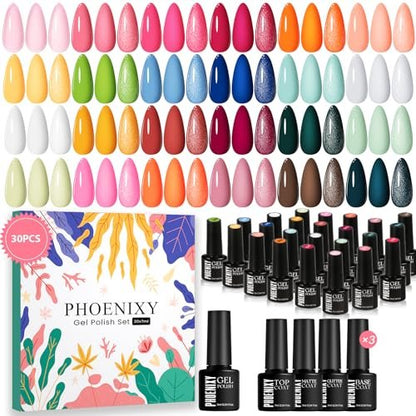 phoenixy 30-teiliges Gel-Nagellack-Set, 24 Farben Blau Pink mit Basis- und Überlack – UV-Nagellack für Anfänger und Geschenk für Frauen