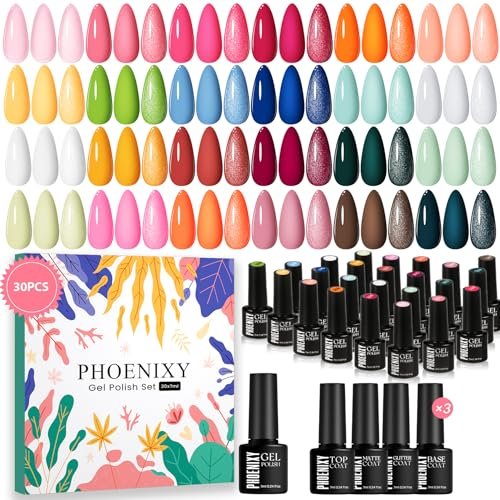phoenixy 30-teiliges Gel-Nagellack-Set, 24 Farben Blau Pink mit Basis- und Überlack – UV-Nagellack für Anfänger und Geschenk für Frauen