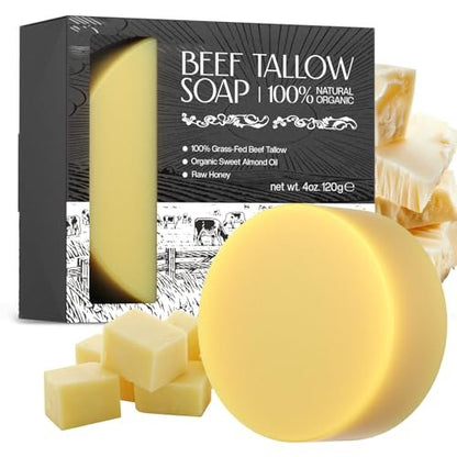 LHOPEBK Nature Tallow-Seife zur Feuchtigkeitspflege: Tägliche Gesichts- und Körperreinigung für empfindliche und trockene Haut – Hergestellt aus Bio-Grasgeflüttertem Rindertalg – Reduziert Spannungsgefühl nach einer Wäsche – 4,2 oz Riegel