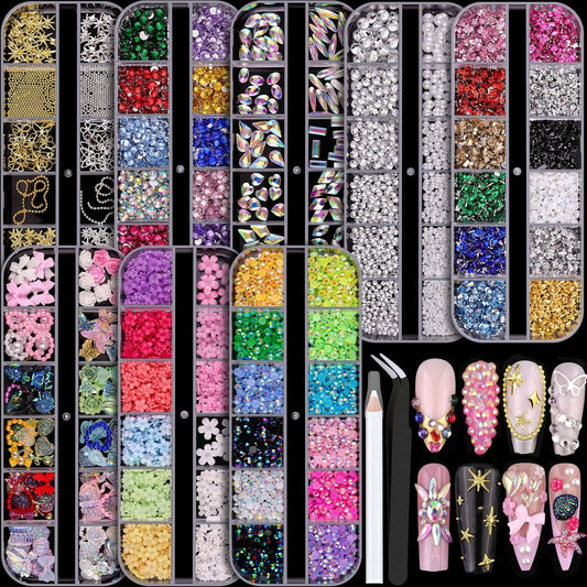 8 Boxen Nagelcharme und -steine für Maniküre, flache Perlen, Nagelblumen, Strasssteine und Charms für Nagelkunst, bunte Perlen-Nagelcharme, Nagelschleifen, vielseitiges Flatback-Nageldesign-Set, Nagelzubehör