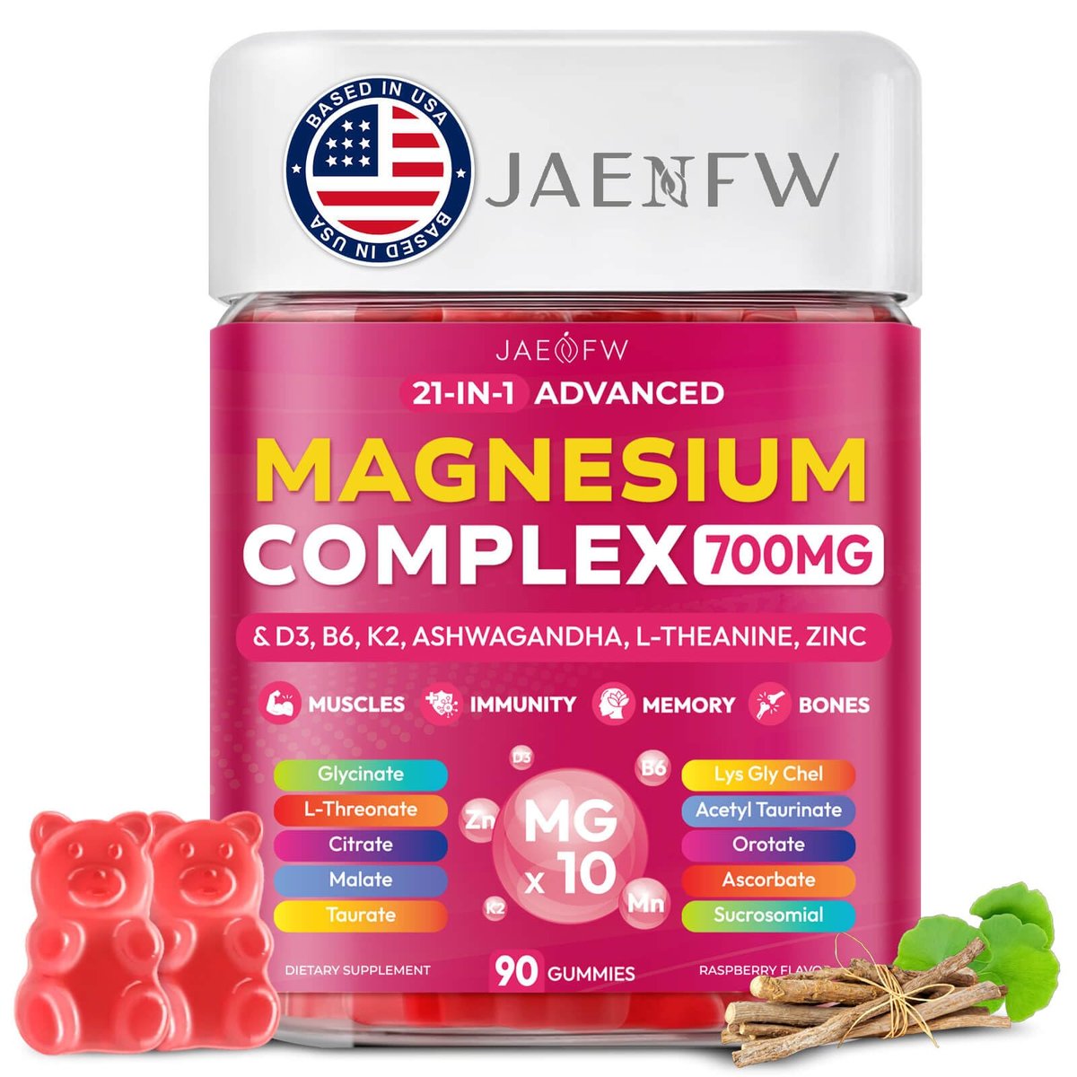 Magnesium Glycinat Gummies 700 mg – 21-in-1 Hochdosiertes Magnesiumpräparat mit Ashwagandha, L-Theanin, Zink, Vitamin – Zuckerfreie Magnesium Gummies für Schlaf, Konzentration & Entspannung – für Frauen, Männer & Kinder