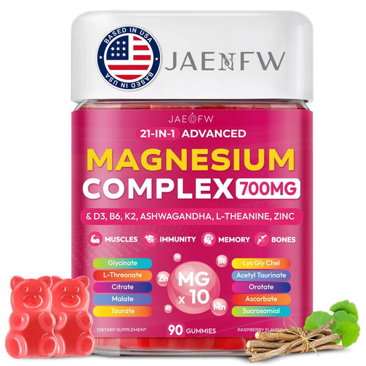 Magnesium Glycinat Gummies 700 mg – 21-in-1 Hochdosiertes Magnesiumpräparat mit Ashwagandha, L-Theanin, Zink, Vitamin – Zuckerfreie Magnesium Gummies für Schlaf, Konzentration & Entspannung – für Frauen, Männer & Kinder