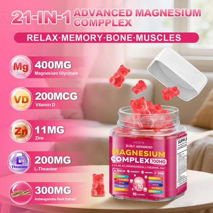 Magnesium Glycinat Gummies 700 mg – 21-in-1 Hochdosiertes Magnesiumpräparat mit Ashwagandha, L-Theanin, Zink, Vitamin – Zuckerfreie Magnesium Gummies für Schlaf, Konzentration & Entspannung – für Frauen, Männer & Kinder