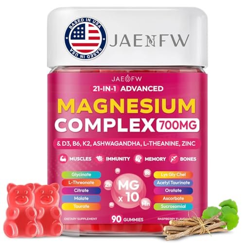 Magnesium Glycinat Gummies 700 mg – 21-in-1 Hochdosiertes Magnesiumpräparat mit Ashwagandha, L-Theanin, Zink, Vitamin – Zuckerfreie Magnesium Gummies für Schlaf, Konzentration & Entspannung – für Frauen, Männer & Kinder