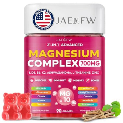 Magnesium Glycinat Gummies 700 mg – 21-in-1 Hochdosiertes Magnesiumpräparat mit Ashwagandha, L-Theanin, Zink, Vitamin – Zuckerfreie Magnesium Gummies für Schlaf, Konzentration & Entspannung – für Frauen, Männer & Kinder