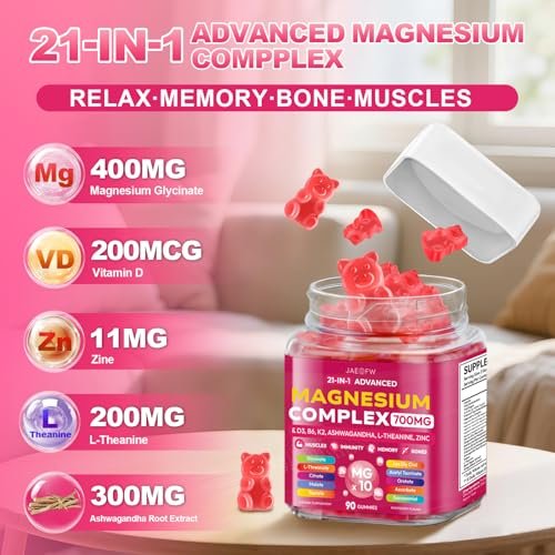 Magnesium Glycinat Gummies 700 mg – 21-in-1 Hochdosiertes Magnesiumpräparat mit Ashwagandha, L-Theanin, Zink, Vitamin – Zuckerfreie Magnesium Gummies für Schlaf, Konzentration & Entspannung – für Frauen, Männer & Kinder