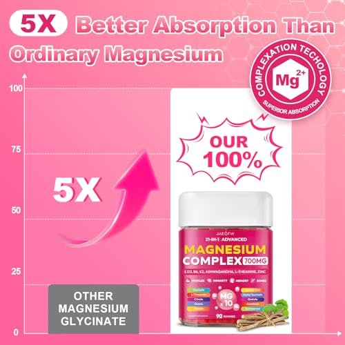 Magnesium Glycinat Gummies 700 mg – 21-in-1 Hochdosiertes Magnesiumpräparat mit Ashwagandha, L-Theanin, Zink, Vitamin – Zuckerfreie Magnesium Gummies für Schlaf, Konzentration & Entspannung – für Frauen, Männer & Kinder