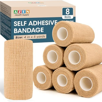 AZEN 8er-Pack Selbstklebende Bandage, 10 cm x 4,6 m, Elastische Kohäsivbandage, hautfarbenes Sporttape, Tattoo-Griffband, Tierarztbandage