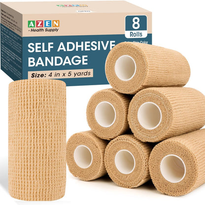 AZEN 8er-Pack Selbstklebende Bandage, 10 cm x 4,6 m, Elastische Kohäsivbandage, hautfarbenes Sporttape, Tattoo-Griffband, Tierarztbandage