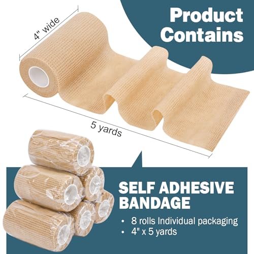AZEN 8er-Pack Selbstklebende Bandage, 10 cm x 4,6 m, Elastische Kohäsivbandage, hautfarbenes Sporttape, Tattoo-Griffband, Tierarztbandage