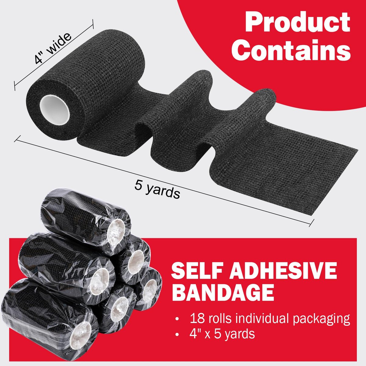 AZEN 18er-Pack selbstklebende elastische Bandage, 4" x 5 Yards, schwarzes Athletik-Tape, Tattoo-Grip-Tape, Vet-Wrap, Knöchel-Tape