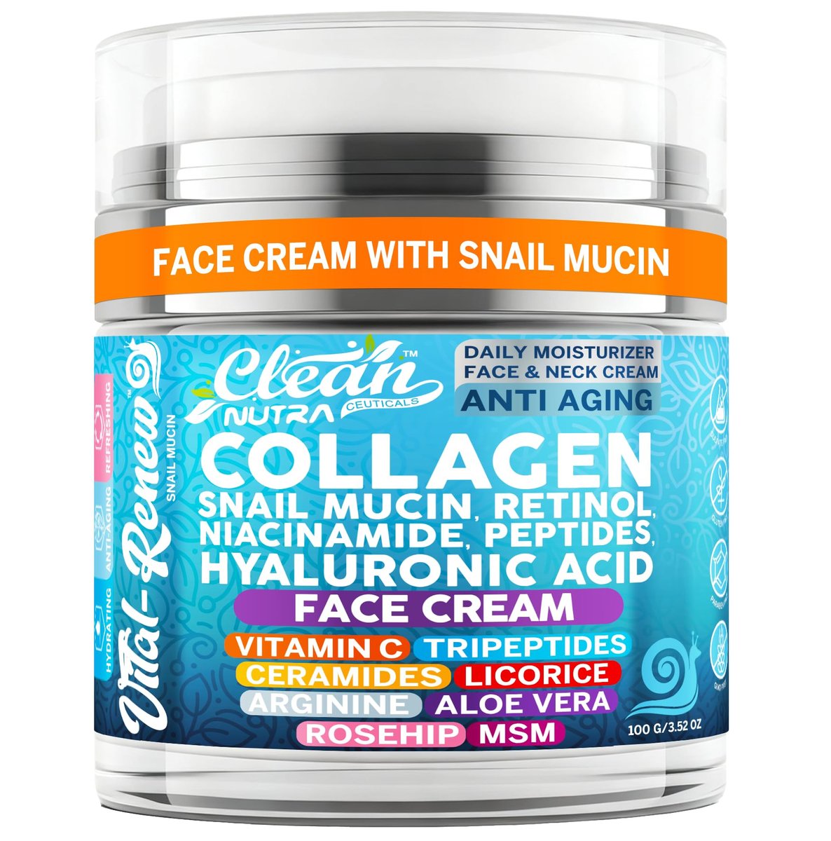 Schneckenmucin-Collagen-Gesichtscreme – Anti-Aging-Feuchtigkeitscreme mit Retinol, Niacinamid, Hyaluronsäure, Peptiden, Vitamin C, Ceramiden – Koreanische Hautpflege für tägliche Anwendung – 100 g