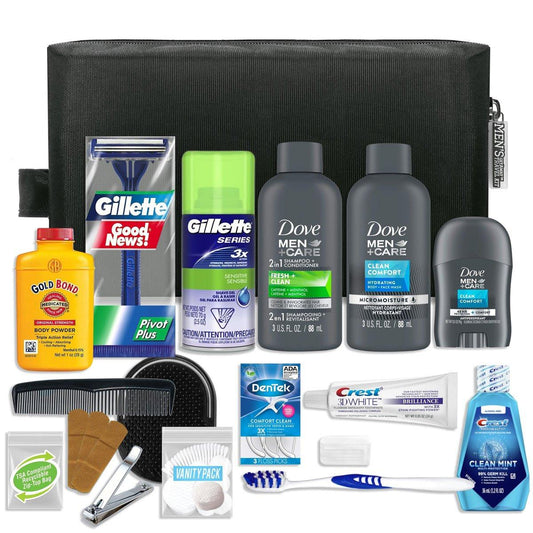 Convenience Kits International Herren Premium 20-teiliges Set mit reisegrößen TSA-konformen Essentials, inklusive Dove Men & Care Produkten in schwarzer Dopp-Tasche