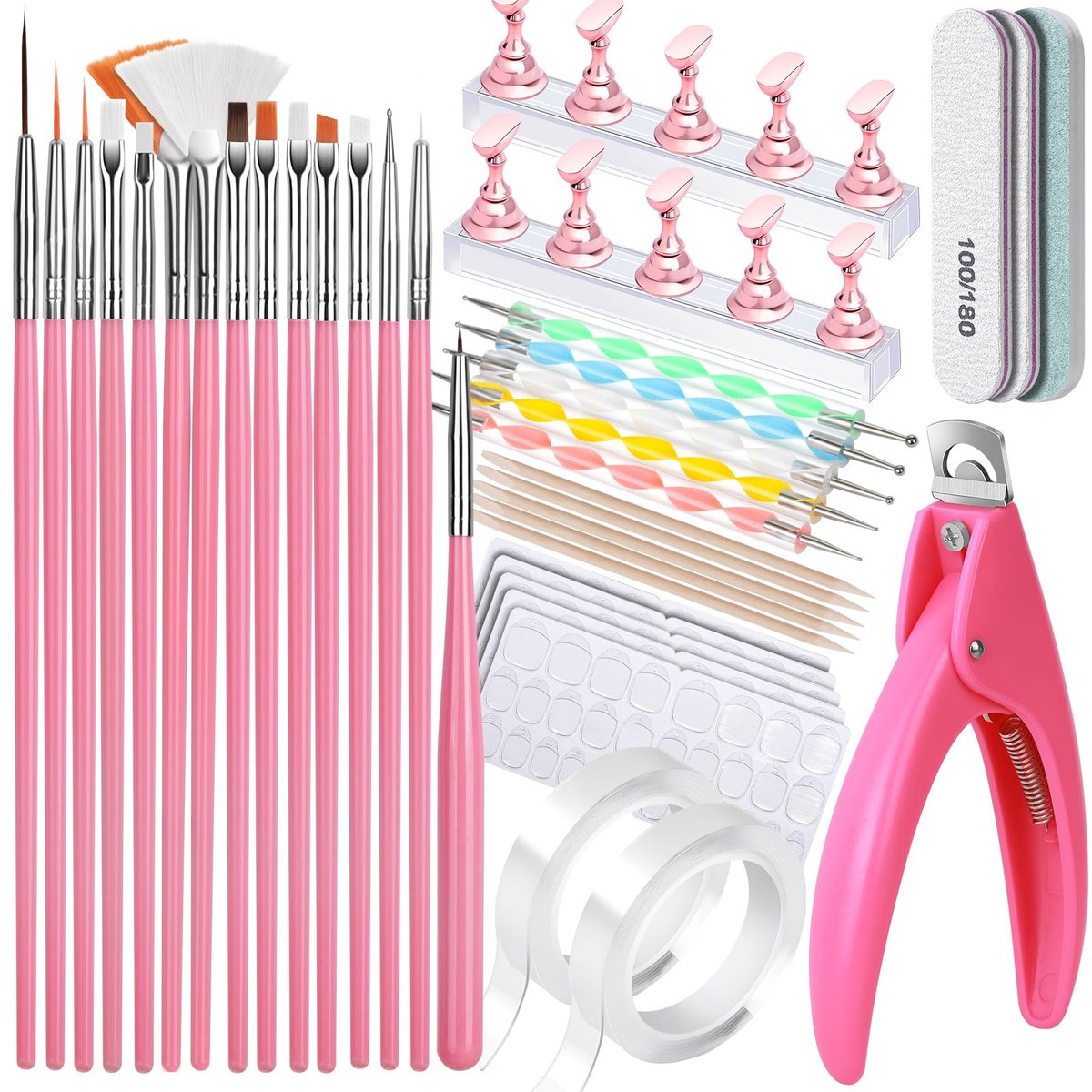 FANDAMEI Nagelkunst-Werkzeug-Set: Press-On-Nagel-Design-Werkzeuge mit Nagelbürste, Nagelständer, Nagelknipser für Acrylnägel – Rosa