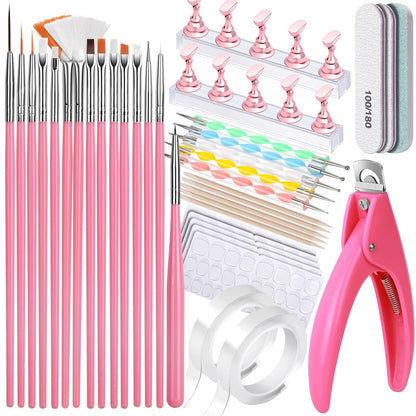 FANDAMEI Nagelkunst-Werkzeug-Set: Press-On-Nagel-Design-Werkzeuge mit Nagelbürste, Nagelständer, Nagelknipser für Acrylnägel – Rosa