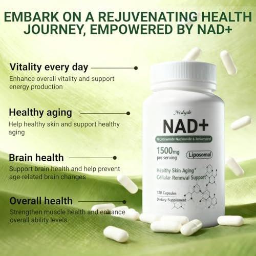 Ncduyde NAD+ Supplement, Liposomales NAD Nicotinamid-Ribosid Resveratrol 1500 mg - Anti-Aging & Gehirngesundheit, Energie steigern - Speziell für Frauen und Männer, 120 Kapseln