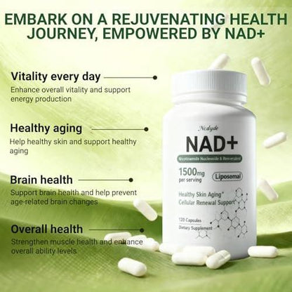 Ncduyde NAD+ Supplement, Liposomales NAD Nicotinamid-Ribosid Resveratrol 1500 mg - Anti-Aging & Gehirngesundheit, Energie steigern - Speziell für Frauen und Männer, 120 Kapseln