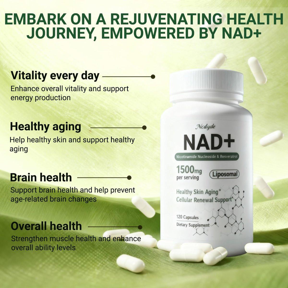 Ncduyde NAD+ Supplement, Liposomales NAD Nicotinamid-Ribosid Resveratrol 1500 mg - Anti-Aging & Gehirngesundheit, Energie steigern - Speziell für Frauen und Männer, 120 Kapseln
