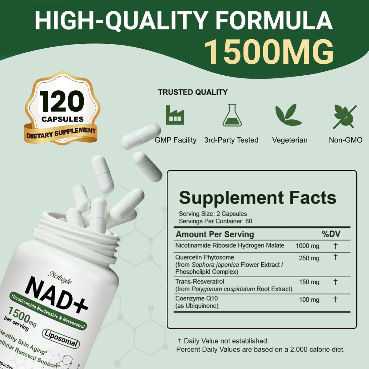 Ncduyde NAD+ Supplement, Liposomales NAD Nicotinamid-Ribosid Resveratrol 1500 mg - Anti-Aging & Gehirngesundheit, Energie steigern - Speziell für Frauen und Männer, 120 Kapseln